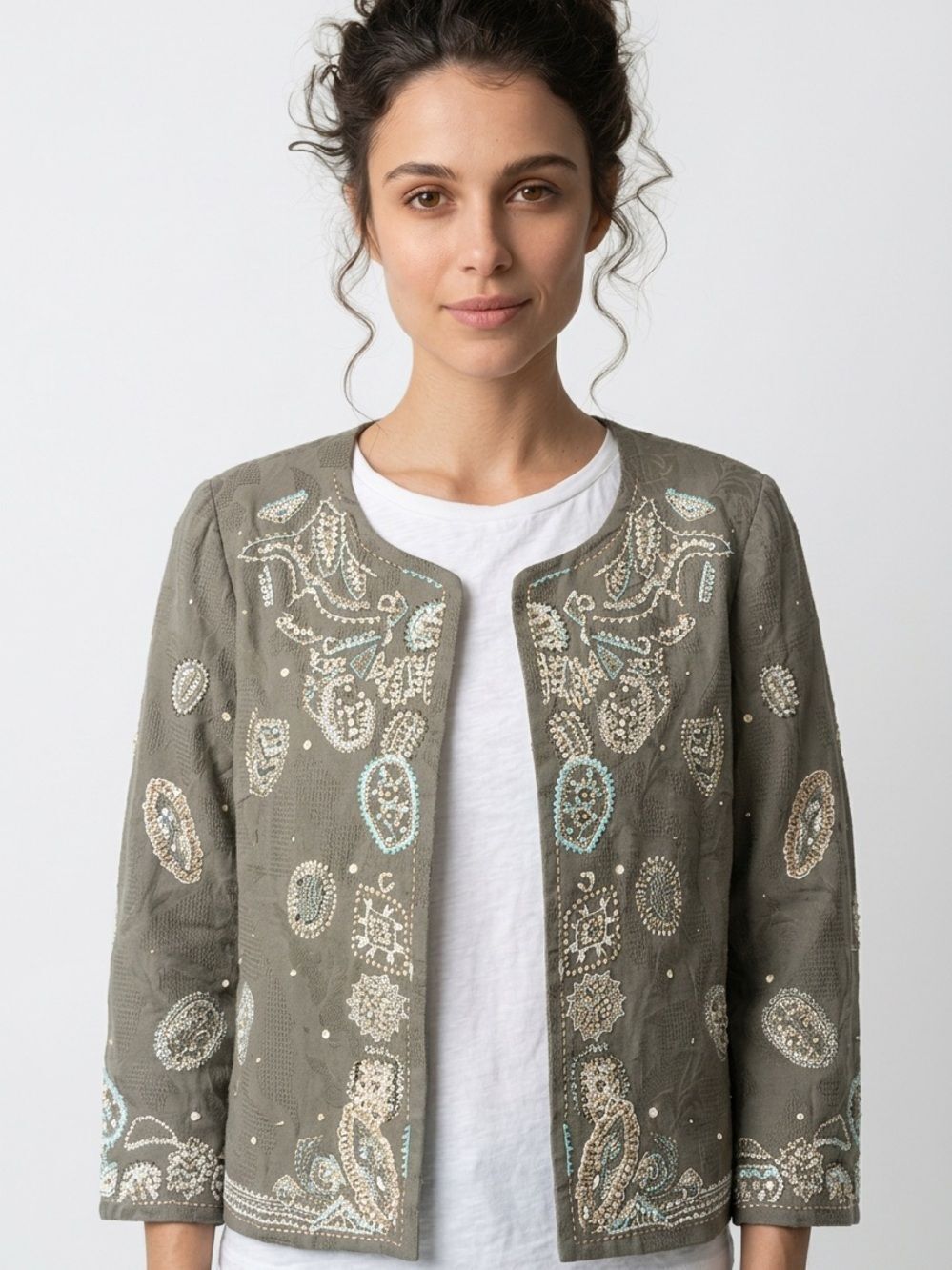 NIC + ZOE | Tan Embellished Embroidered Jacket Women’s Size Medium